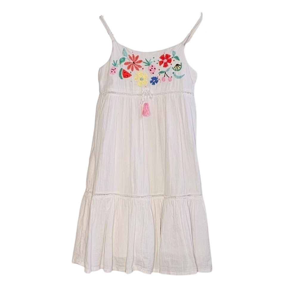 H&M White Cotton Tiered Lined Dress w Embroidered Flowers & Fruits girls 4-5